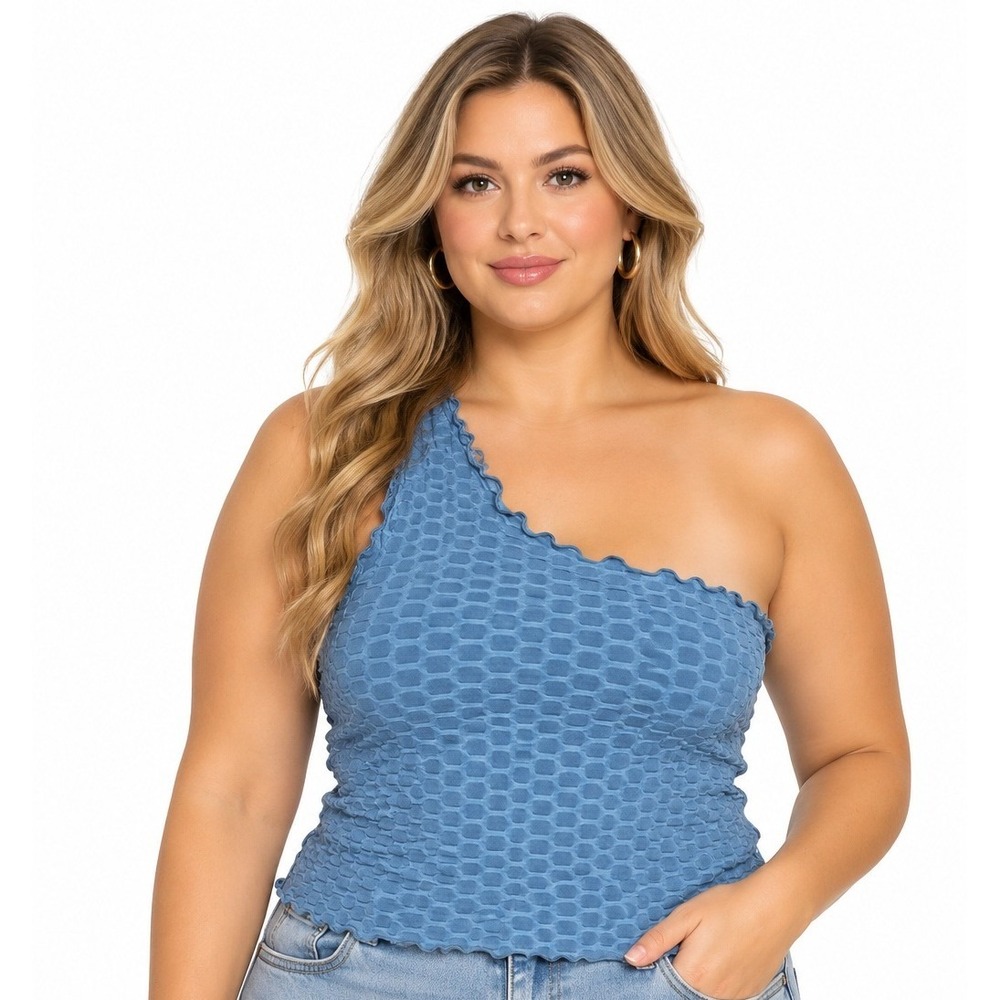Moa Moa Women XL Denim Blue Honeycomb Textured One Shoulder Crop Top Y2K Stretch